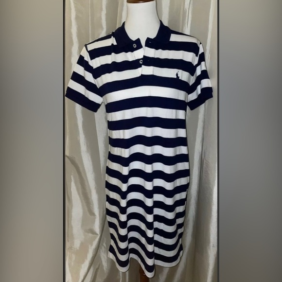 🎉HP🎉New! Polo Ralph Lauren Navy/WhiteStriped MiniMesh Classic Polo Dress L🐎🤍 - Picture 2 of 13